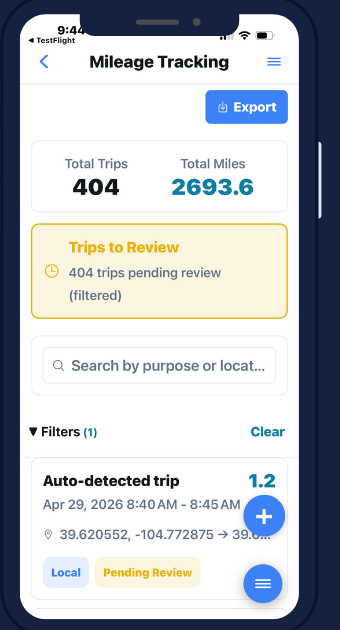 Mileage Tracking screen